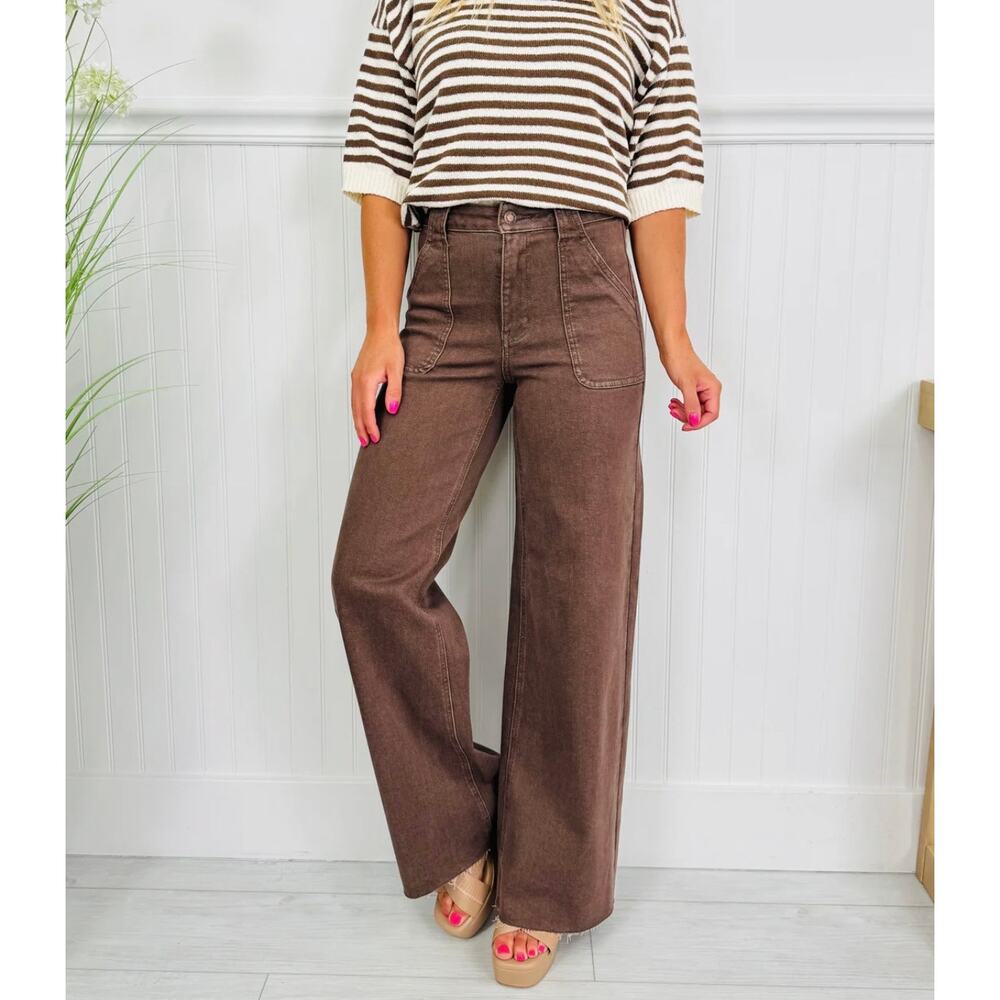 Judy Blue Box of Chocolates Retro Wide Jeans High Rise Brown Size 0/24 Stretch - Picture 15 of 16